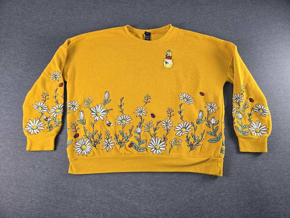 Disney Sweatshirt Womens Medium Yellow Winnie The Pooh Floral Embroidered Fleece